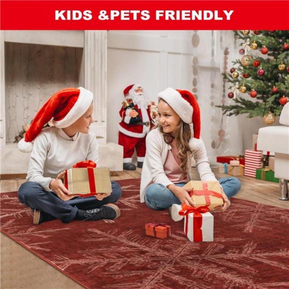 Snowflake Round Christmas Rug, Small Washable Round Rug 3ft Non-Slip, (Red) - Picture 2 of 6